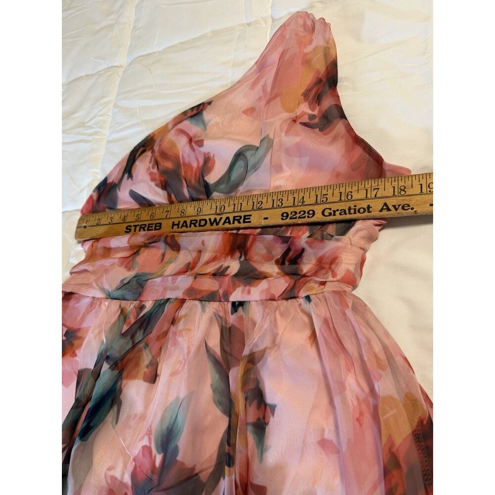 One Shoulder Waist Cinched Peach Long Floral Dress Size Large - Picture 7 of 8
